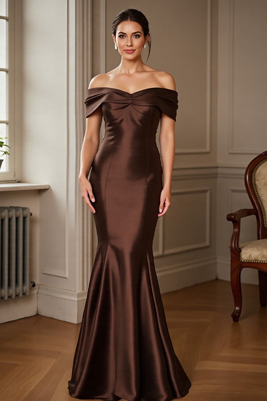 Brown Satin Off the Shoulder Long Mermaid Mother of the Bride Dress