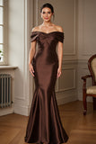 Brown Satin Off the Shoulder Long Mermaid Mother of the Bride Dress