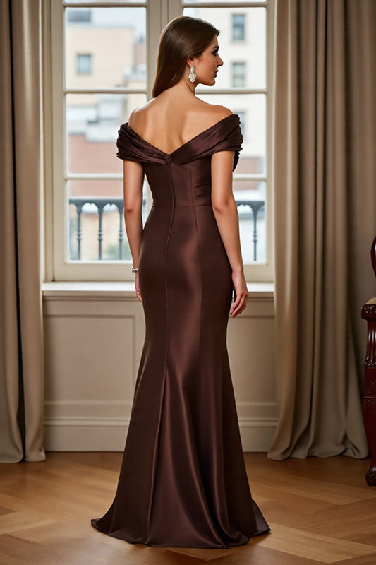 Brown Satin Off the Shoulder Long Mermaid Mother of the Bride Dress