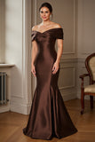 Brown Satin Off the Shoulder Long Mermaid Mother of the Bride Dress