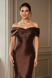Brown Satin Off the Shoulder Long Mermaid Mother of the Bride Dress
