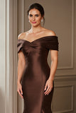 Brown Satin Off the Shoulder Long Mermaid Mother of the Bride Dress