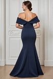 Satin Navy Off the Shoulder Long Mother of the Bride Dress with Appliques
