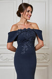Satin Navy Off the Shoulder Long Mother of the Bride Dress with Appliques