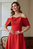 Red A Line Satin Off the Shoulder Midi Mother of the Bride Dress with Bow