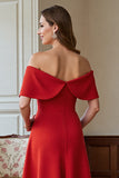Red A Line Satin Off the Shoulder Midi Mother of the Bride Dress with Bow