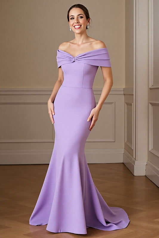 Lilac Satin Mermaid Off the Shoulder Long Mother of the Bride Dress