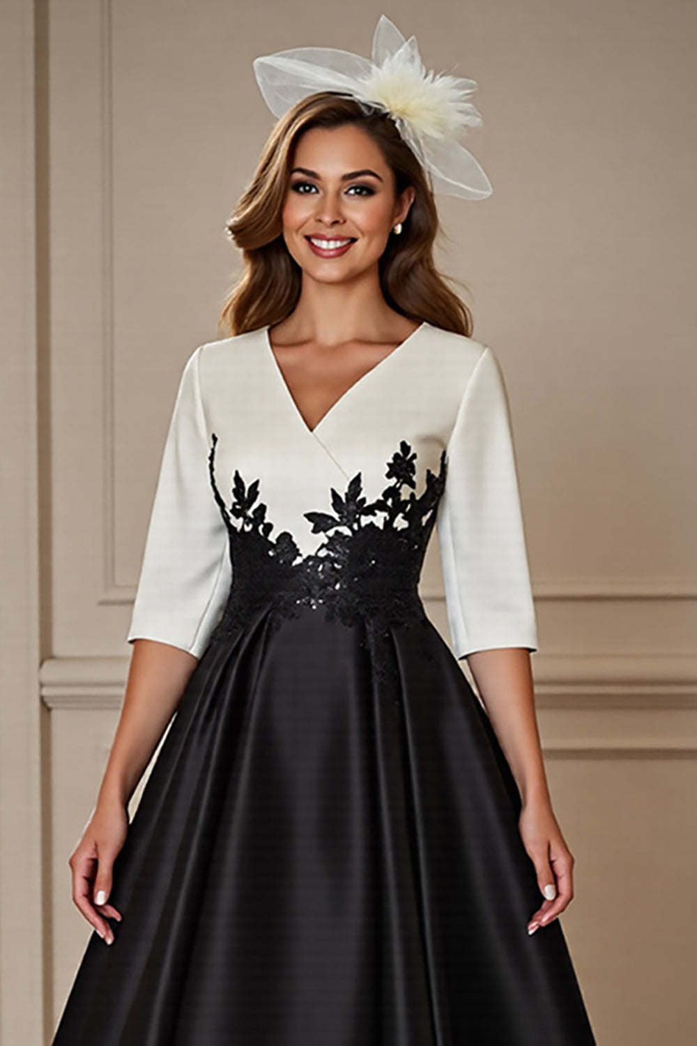 Black and White V-Neck Long Satin Mother of the Bride Dress with Sleeves