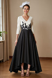 Black and White Satin A Line Long Mother of the Bride Dress with Sleeves