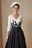 Black and White Satin A Line Long Mother of the Bride Dress with Sleeves