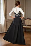 Black and White Satin V-Neck Long Mother of the Bride Dress with Slit