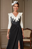 Black and White Satin V-Neck Long Mother of the Bride Dress with Slit