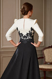 Black and White Satin V-Neck Long Mother of the Bride Dress with Slit