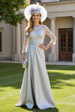 Silver A Line Illusion Neck Long Satin Mother of the Bride Dress with Lace