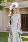 Silver A Line Illusion Neck Long Satin Mother of the Bride Dress with Lace