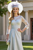 Silver A Line Illusion Neck Long Satin Mother of the Bride Dress with Lace