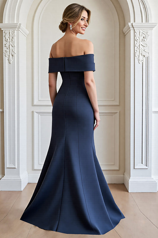Navy Mermaid Long Satin Mother of the Bride Dress with Appliques
