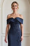 Navy Mermaid Long Satin Mother of the Bride Dress with Appliques