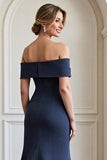 Navy Mermaid Long Satin Mother of the Bride Dress with Appliques