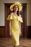 Daffodil Satin Off the Shoulder Midi Bodycon Mother of the Bride Dress