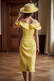 Daffodil Satin Off the Shoulder Midi Bodycon Mother of the Bride Dress