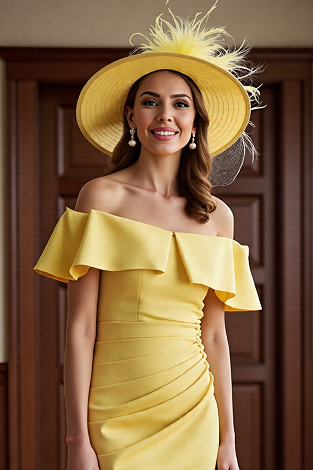 Daffodil Satin Off the Shoulder Midi Bodycon Mother of the Bride Dress
