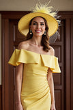 Daffodil Satin Off the Shoulder Midi Bodycon Mother of the Bride Dress