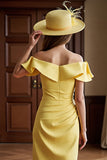 Daffodil Satin Off the Shoulder Midi Bodycon Mother of the Bride Dress