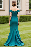 Peacock Green Satin Off the Shoulder Long Mother of the Bride Dress with Slit