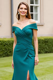 Peacock Green Satin Off the Shoulder Long Mother of the Bride Dress with Slit