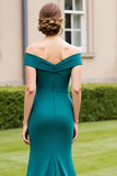 Peacock Green Satin Off the Shoulder Long Mother of the Bride Dress with Slit
