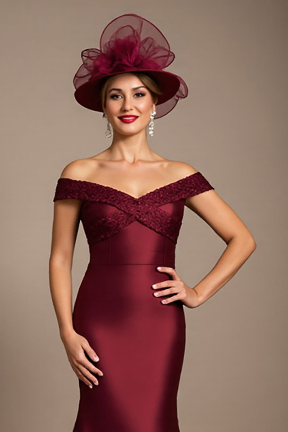 Burgundy Mermaid Long Satin Mother of the Bride Dress with Appliques