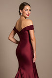 Burgundy Mermaid Long Satin Mother of the Bride Dress with Appliques