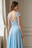 Sky Blue A Line Chiffon Long Ruched Mother of the Bride Dress with Lace