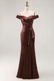 Brown Off the Shoulder Satin Ruched Long Mother of the Bride Dress