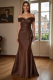Brown Satin Long Ruched Mother of the Bride Dress Mermaid Off the Shoulder Formal Dress with Ruffles