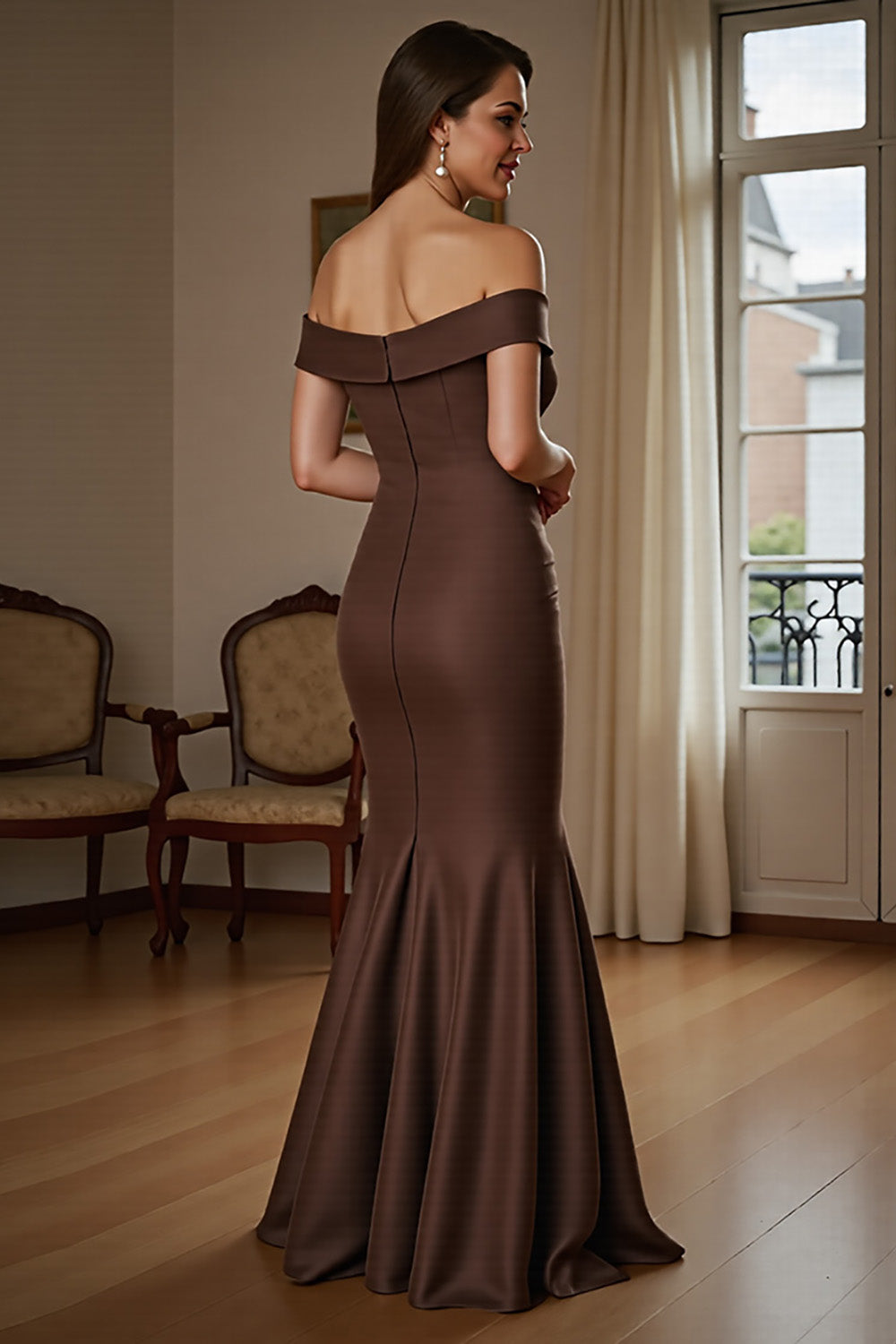 Zapakasa Women Brown Satin Long Ruched Mother of the Bride Dress Mermaid Off the Shoulder Formal Dress with Ruffles Zapakasa Women Brown Satin Long Ruched Mother of the Bride Dress Mermaid Off the Shoulder Formal Dress with Ruffles