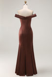 Brown Off the Shoulder Satin Ruched Long Mother of the Bride Dress