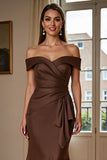 Brown Satin Off the Shoulder Long Mother of the Bride Dress with Ruched