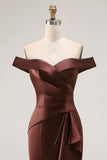 Brown Off the Shoulder Satin Ruched Long Mother of the Bride Dress