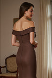 Brown Satin Off the Shoulder Long Mother of the Bride Dress with Ruched