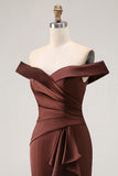 Brown Off the Shoulder Satin Ruched Long Mother of the Bride Dress