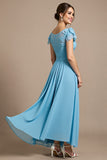 Sky Blue Chiffon Long Floral Mother of the Bride Dress with Appliques