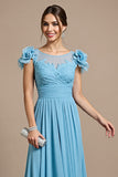 Sky Blue Chiffon Long Floral Mother of the Bride Dress with Appliques