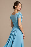 Sky Blue Chiffon Long Floral Mother of the Bride Dress with Appliques