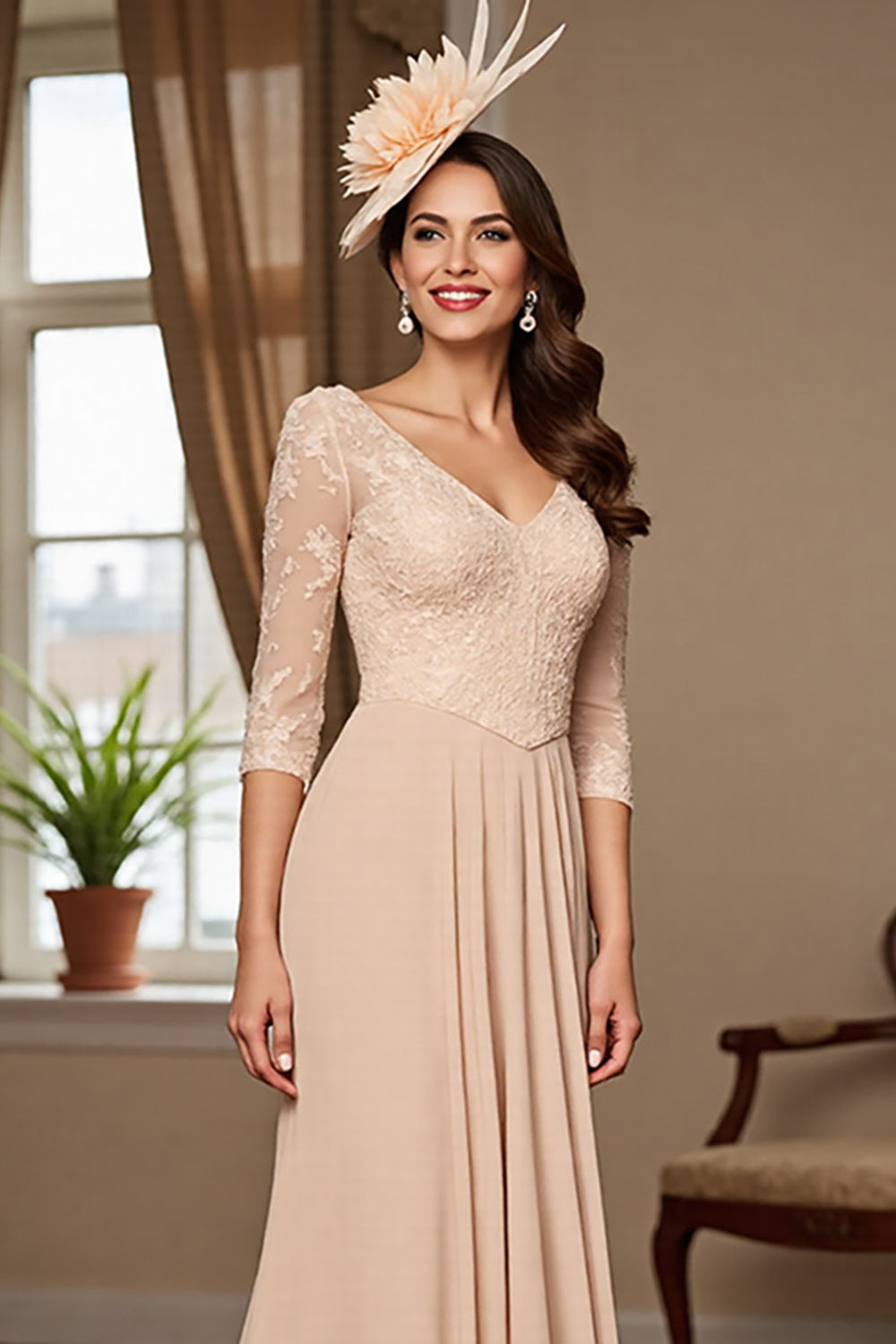 Apricot Satin A Line Long Mother of the Bride Dress with Sleeves