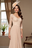 Apricot Satin A Line Long Mother of the Bride Dress with Sleeves