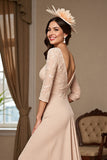 Apricot Satin A Line Long Mother of the Bride Dress with Sleeves