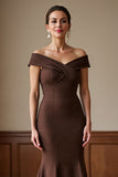 Brown Satin Off the Shoulder Long Mermaid Mother of the Bride Dress