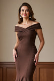 Brown Satin Off the Shoulder Long Mermaid Mother of the Bride Dress